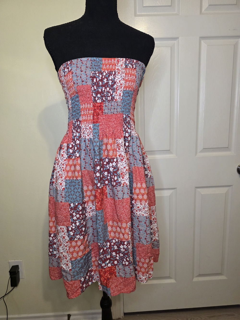Strapless Smocked Patchwork Sundress in Red & White/ Grey - Boho- With Pockets!